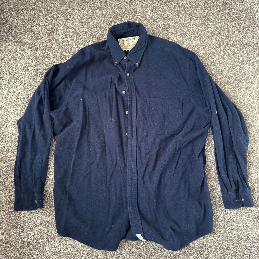 Vtg 90s Abercrombie Fitch Authentic Chamois Shirt Navy Blue Flannel Heavyweight
